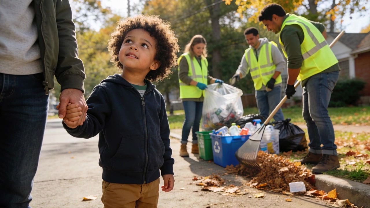 Walking child holding hand at tree-lined curb, vested crew raking leaves into clear bag for cleanup
