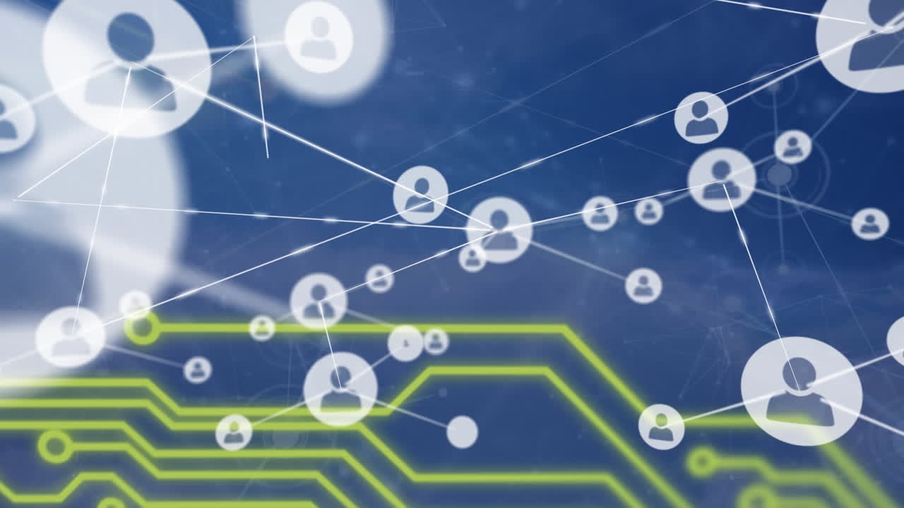 animación de la red de conexiones con los iconos de las personas sobre la placa de circuito sobre fondo azul