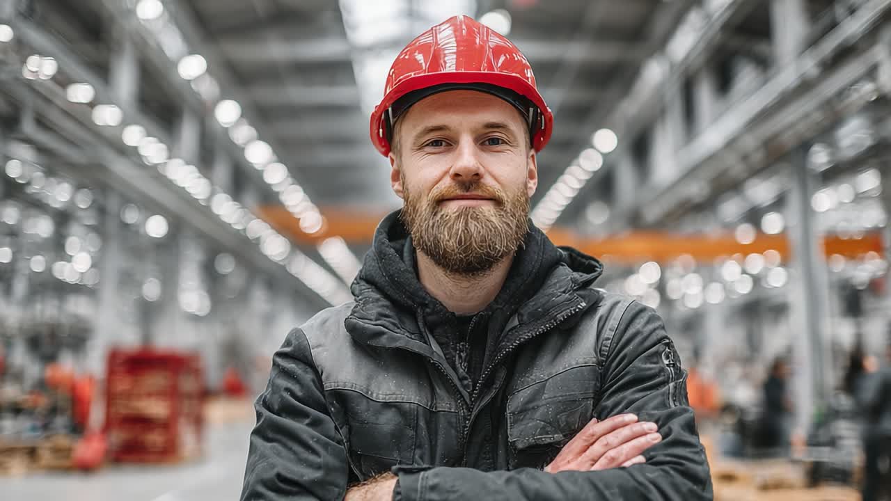A confident worker in a hard hat stands proudly in an industrial workspace, showcasing safety and professionalism in a well-equipped production area
