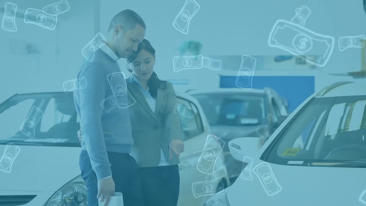 animación de billetes de dólar sobre diversas personas de negocios