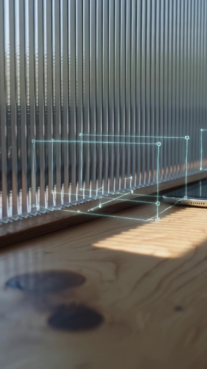 Video verticale: Regolazione di un cubo AR, allineando gli ancoraggi su un davanzale di legno con un telefono che entra nell'inquadratura
