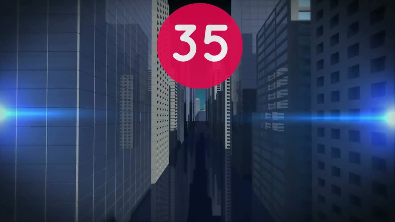 números crecientes en la bandera red redonda sobre el modelo de la ciudad en 3d contra rastros de luz en fondo azul