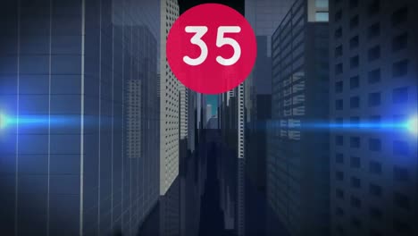 números crecientes en la bandera red redonda sobre el modelo de la ciudad en 3d contra rastros de luz en fondo azul