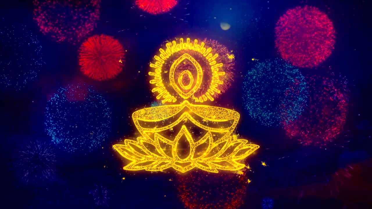 Happy Diwali Element Firework 2 Text  Greeting Text Sparkle Particles on Colored Fireworks