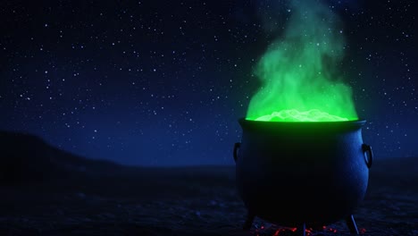 A mystic cauldron simmers under a starry night sky, emanating green smoke and bubbles, evoking a sense of magic and enchantment as it brews a mysterious concoction