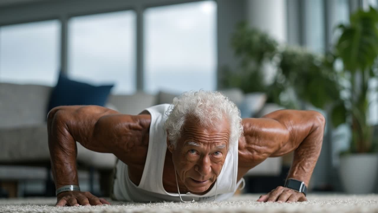 Fit senior man performing pushups at home to maintain health and active lifestyle in retirement
