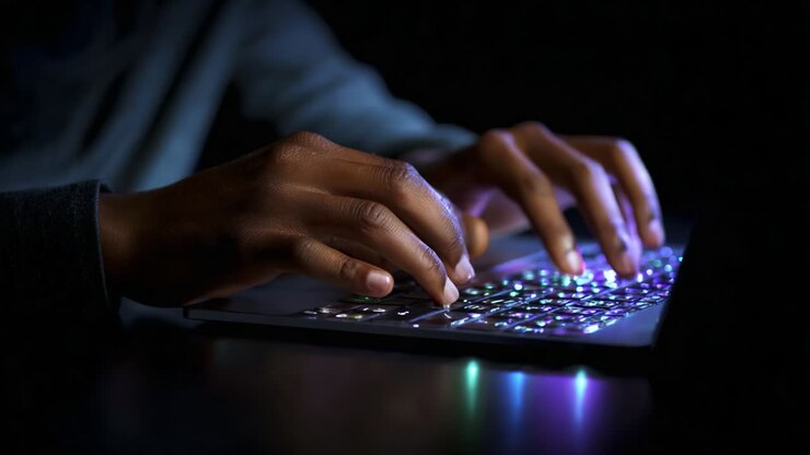 A Close-up Perspective of Hands Typing on a Modern Laptop Keyboard at Night, Illuminated by Colorful Backlighting, Emphasizing the Connection Between Technology and Human Interaction in a Creative Digital Environment