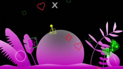 animación de múltiples iconos de controladores de videojuegos de neón que caen sobre el diseño floral con espacio de copia
