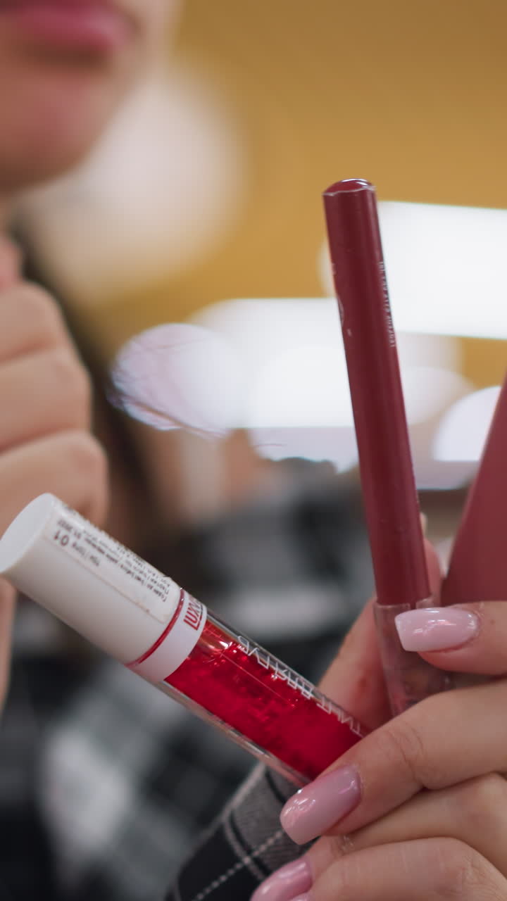 Primer plano de unas manos comparando tonos de labiales en un mostrador de maquillaje. La iluminación suave del bokeh enmarca a una compradora pensativa. Se ve una parte de la cara con uñas cuidadas. Sensación de lujo. Captura de la selección de tonos y muestras