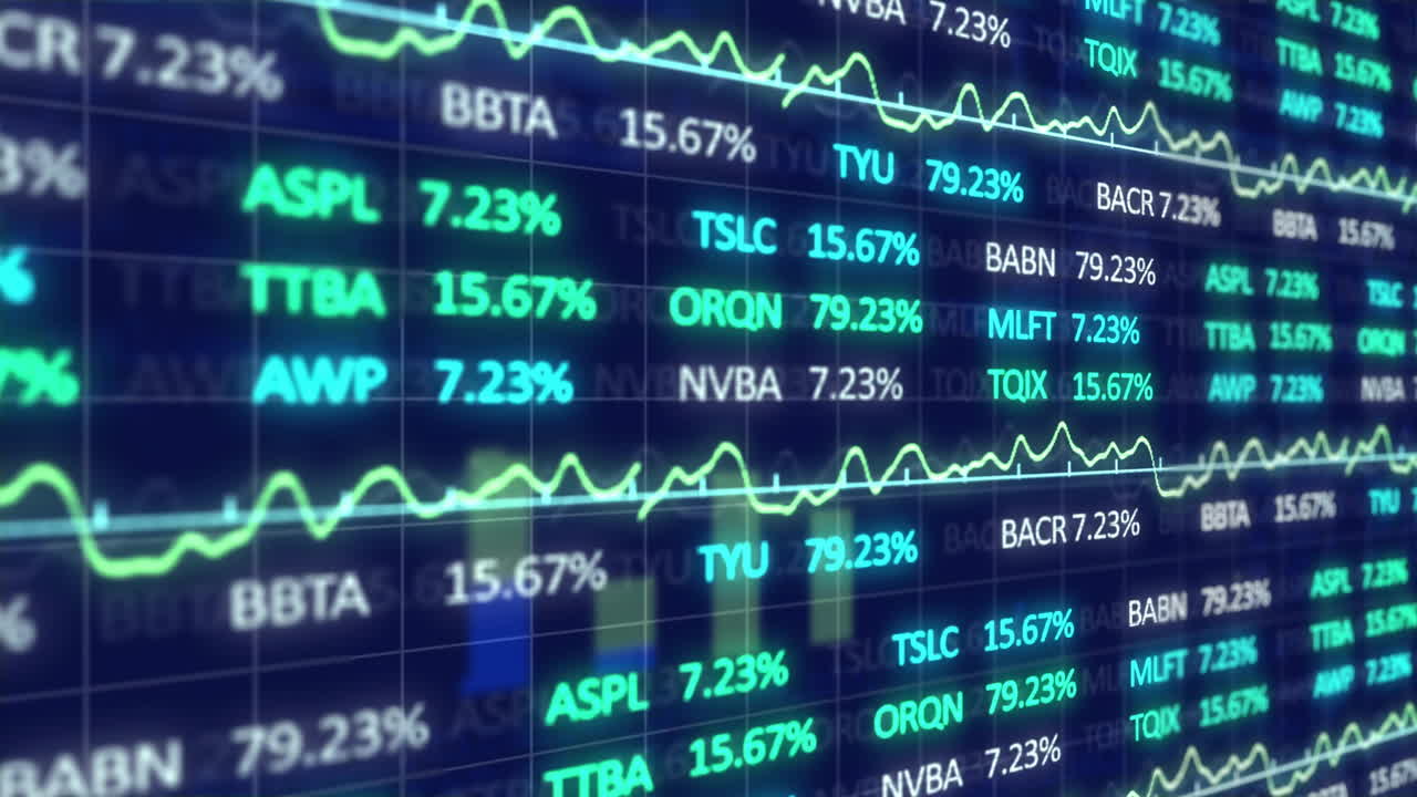 Animazione dell'elaborazione di dati finanziari su sfondo scuro