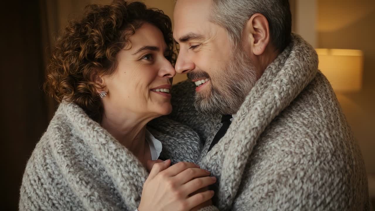 Coppia matura che si tiene per mano in camicia bianca appoggiata in casa avvolta in una coperta grigia che esprime amore
