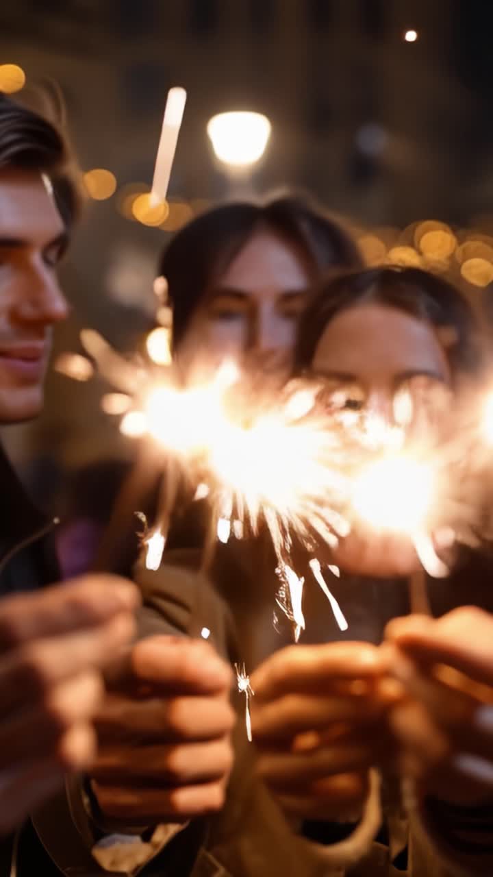 Una celebración alegre iluminada por fuegos artificiales chispeantes, capturando la esencia de la unión y la felicidad durante una noche festiva llena de risas y alegría.