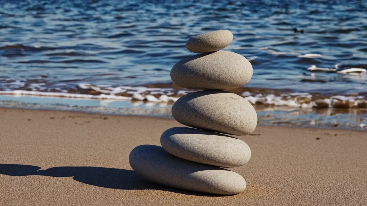 Low-angle video of smooth stones stacked on a sandy beach, with gentle waves in the background