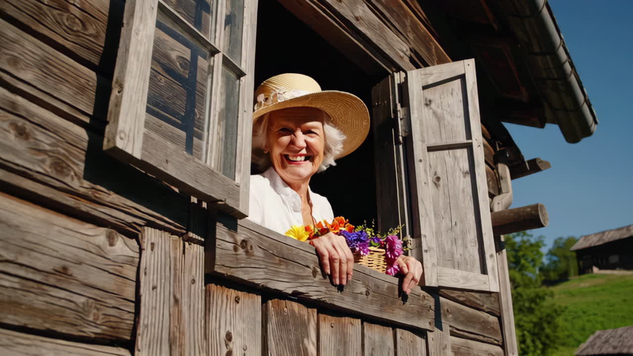 Anziana donna felice con un cappello di paglia che guarda fuori da una finestra di legno rustica con fiori.