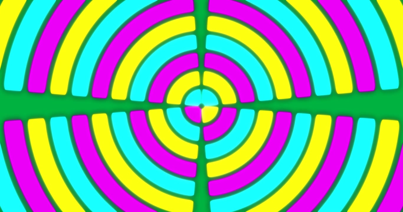 Animazione di un motivo neon viola, giallo e blu che si muove con un movimento ipnotico su sfondo trasparente