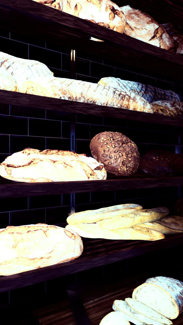 Fresh bread loaves displayed neatly on wooden shelves in a bakery