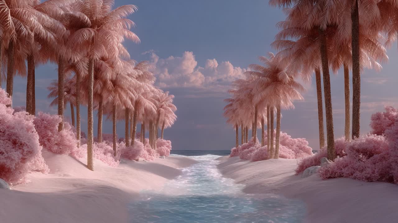 A Serene Tropical Paradise: Lush Pink Palm Trees Flanking a Tranquil Waterway Under a Dreamy Sky Representing Nature's Ethereal Beauty