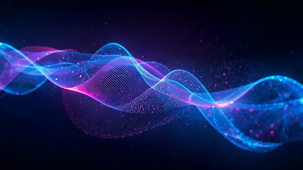 Starting neon magenta and cyan ribbons spiraling across void with particles for waveform display