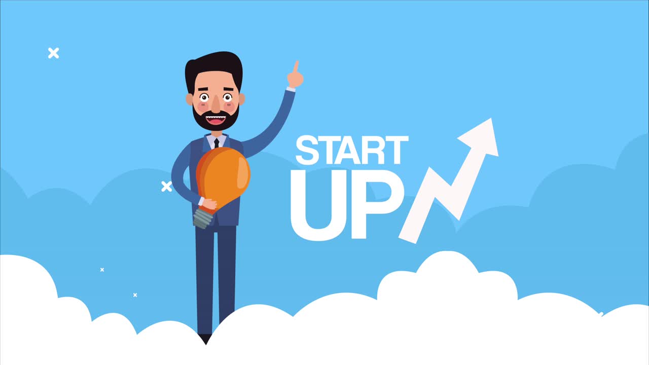 elegante hombre de negocios exitoso con bombilla y puesta en marcha en flecha