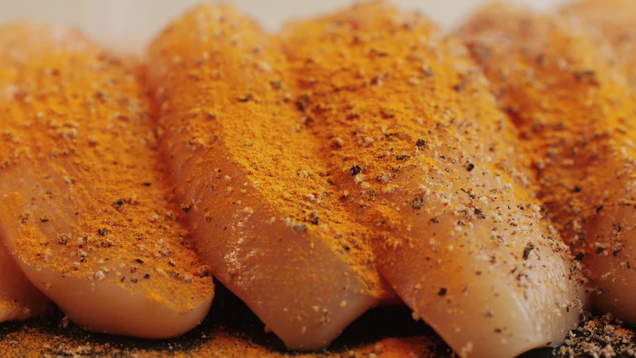 Raw slice chicken meat in spices: paprika, salt, pepper, turmeric on plate close-up. Preparing raw food for cooking. Grilled chicken, duck, turkey kebab with vegetables.