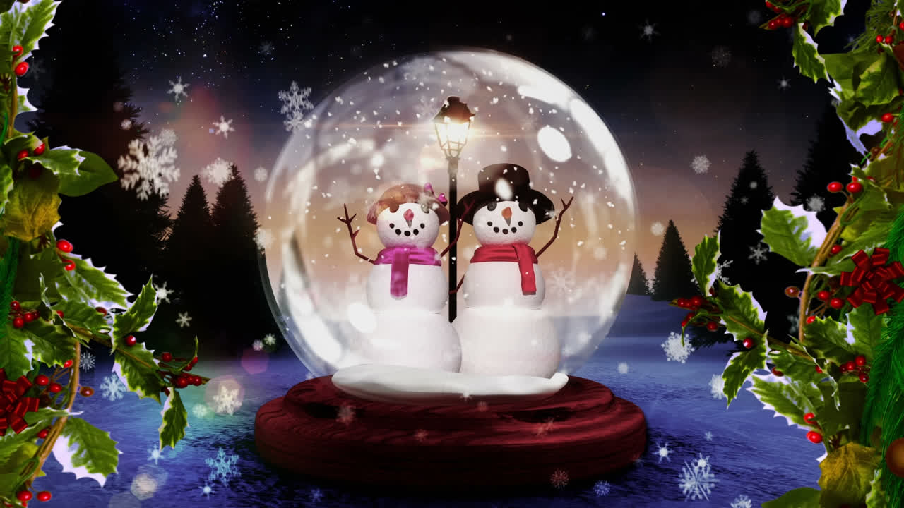 animación de ramas de abeto y santo sobre navidad globo de nieve en el paisaje de invierno