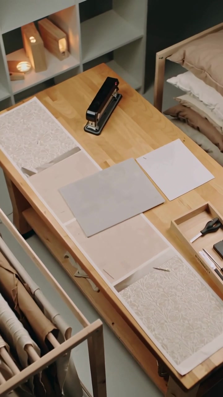 Video vertical: Cámara haciendo un paneo por una mesa mostrando muestras de tela, grapadora para muestras en un estudio