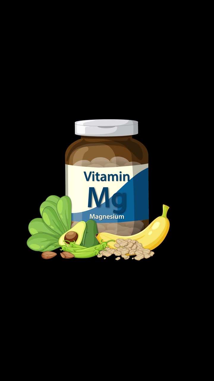 Magnesium supplement bottle appears with spinach, avocado, banana, nuts, seeds on black background