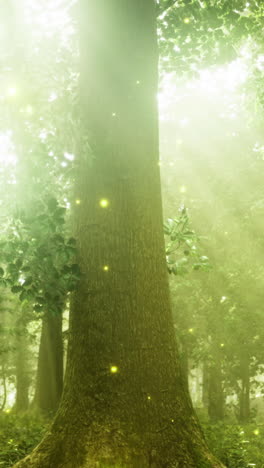 sunlight filtering through trees in a serene forest glade with glowing orbs