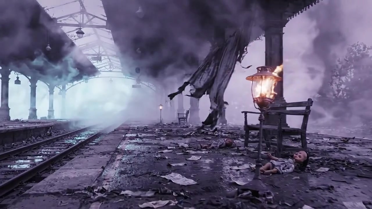 Le rovine di una stazione ferroviaria abbandonata con una valigia vintage e carte sparse, avvolta nella nebbia e nel mistero, che evoca un senso di viaggi perduti e racconti dimenticati