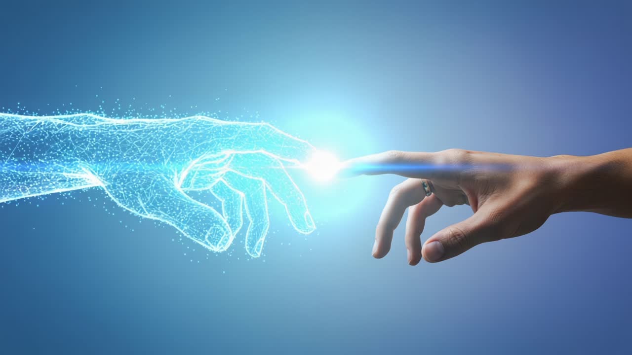 Exploring the Intersection of Humanity and Technology Through a Digital Hand Reaching Out to Connect with a Human Touch in a Stunning Visual Representation