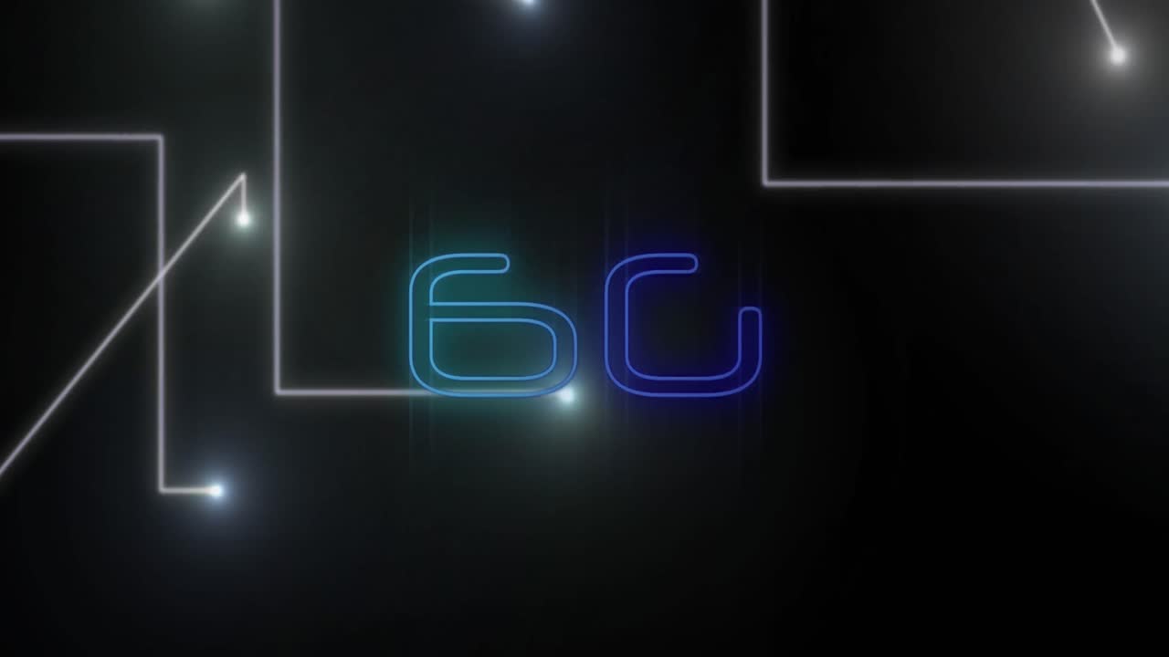 Animazione di testo 6G, punti luminosi ed elaborazione dati informatica