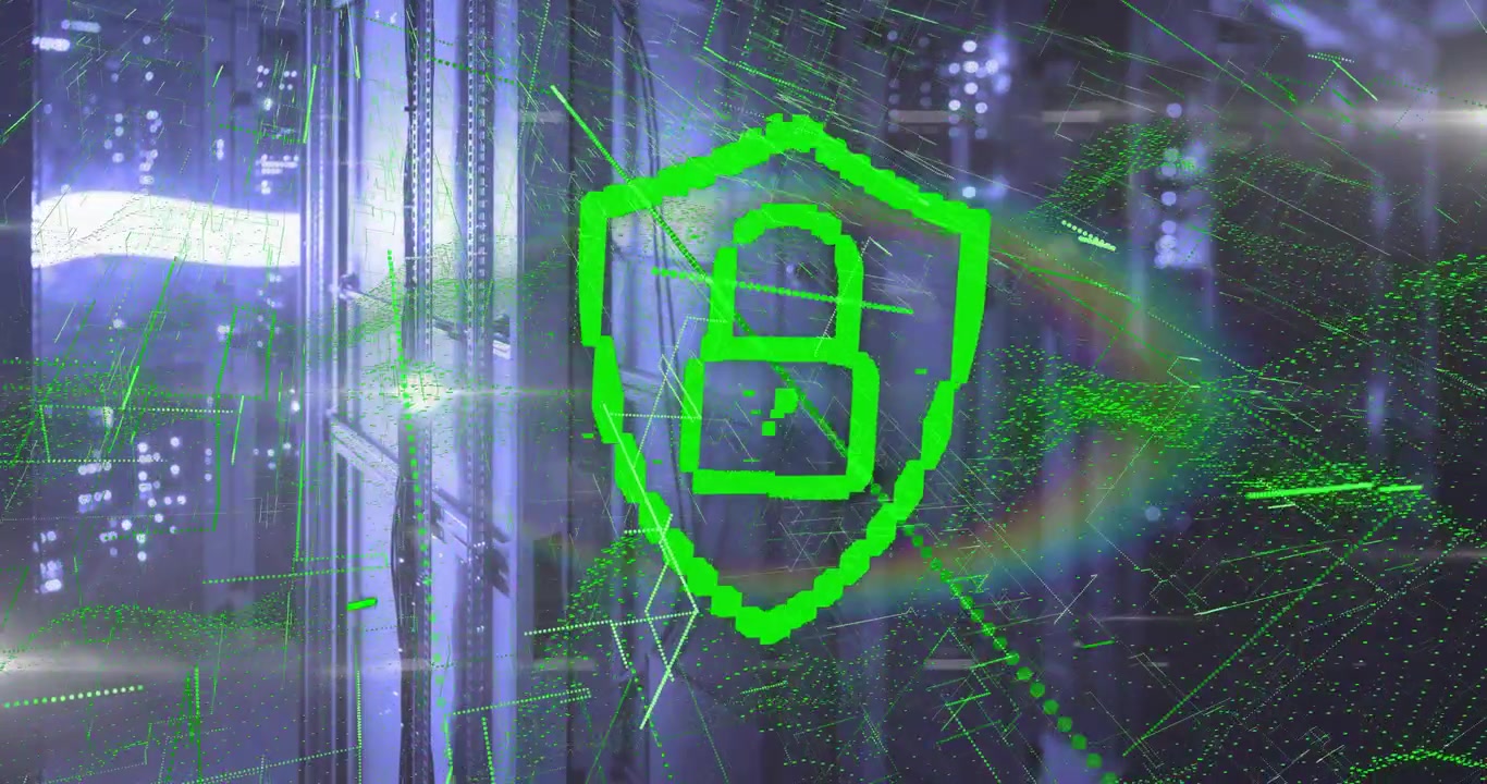 Green particle wave traversing racks causing shield morphing into locked padlock for security