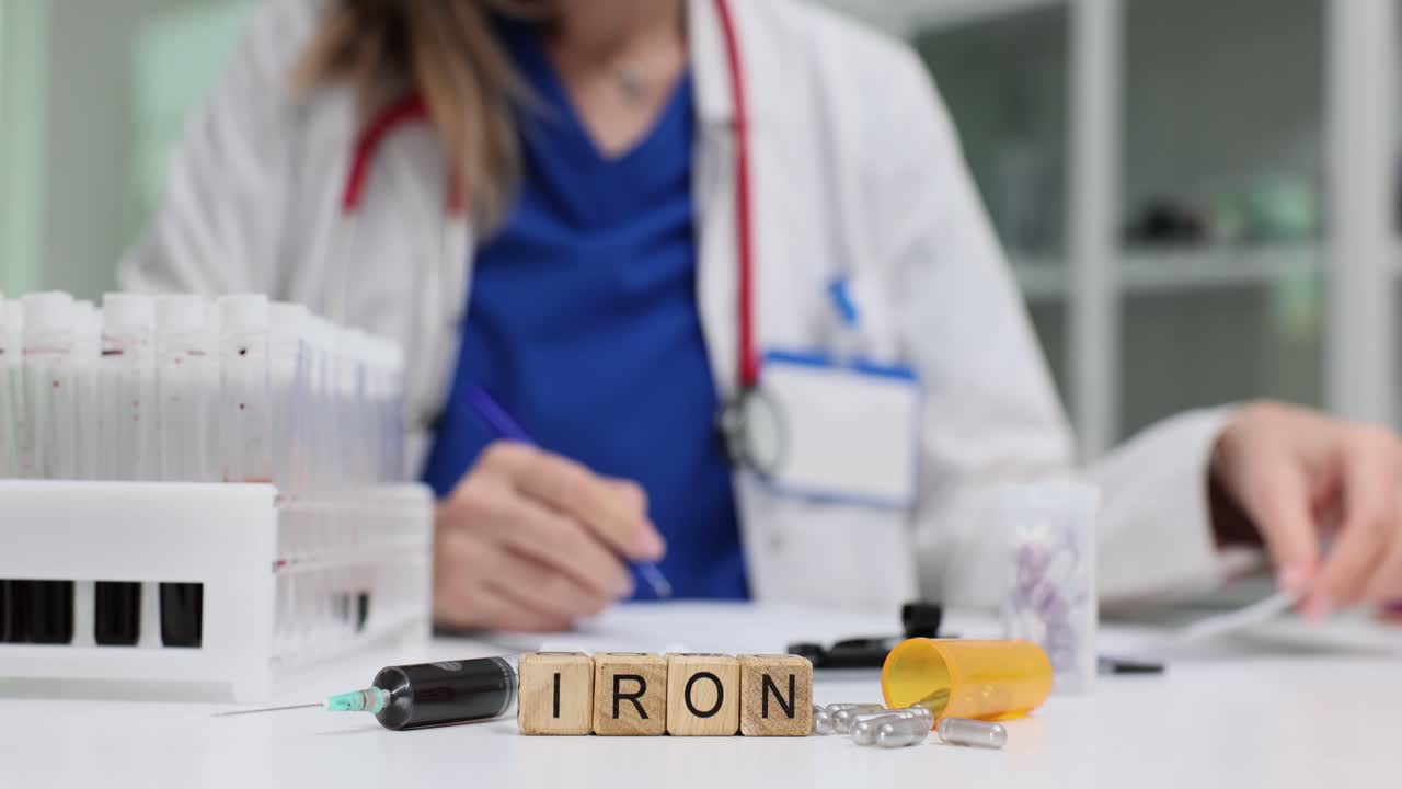 Medical setup with 'IRON' blocks and a doctor in the background