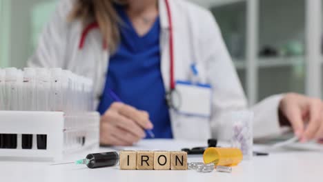 medical setup with 'iron' blocks and a doctor in the background