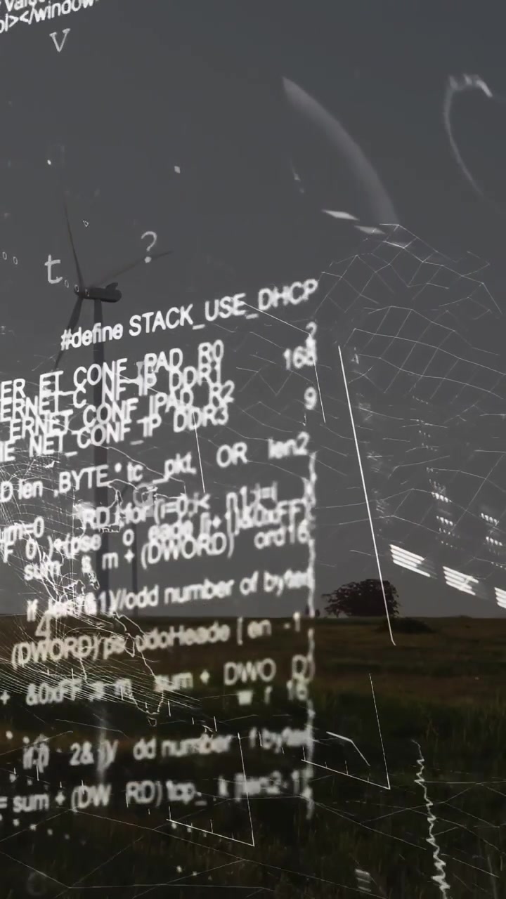 Vertikal video: Vindmølle modtager datastrøm, 3D-gitter og kode-panel, der kortlægger energiproduktion.