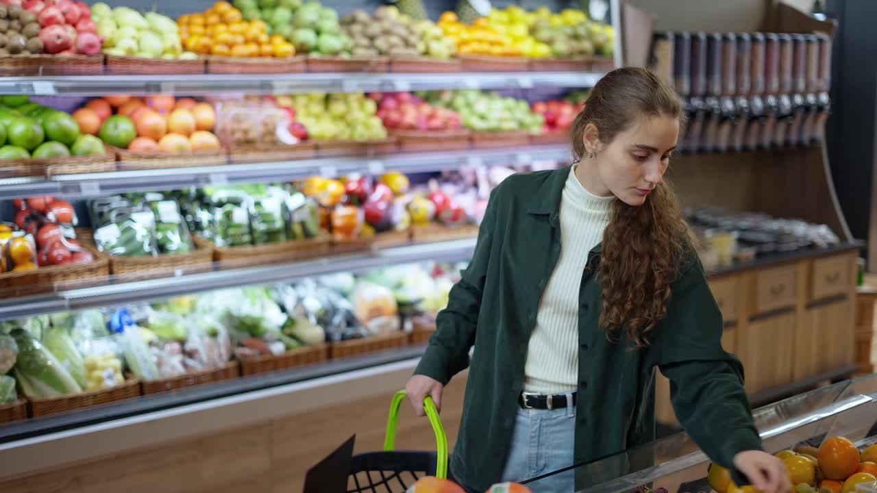 여성 고객 은 음식 카운터 에서 포도 를 가져간다