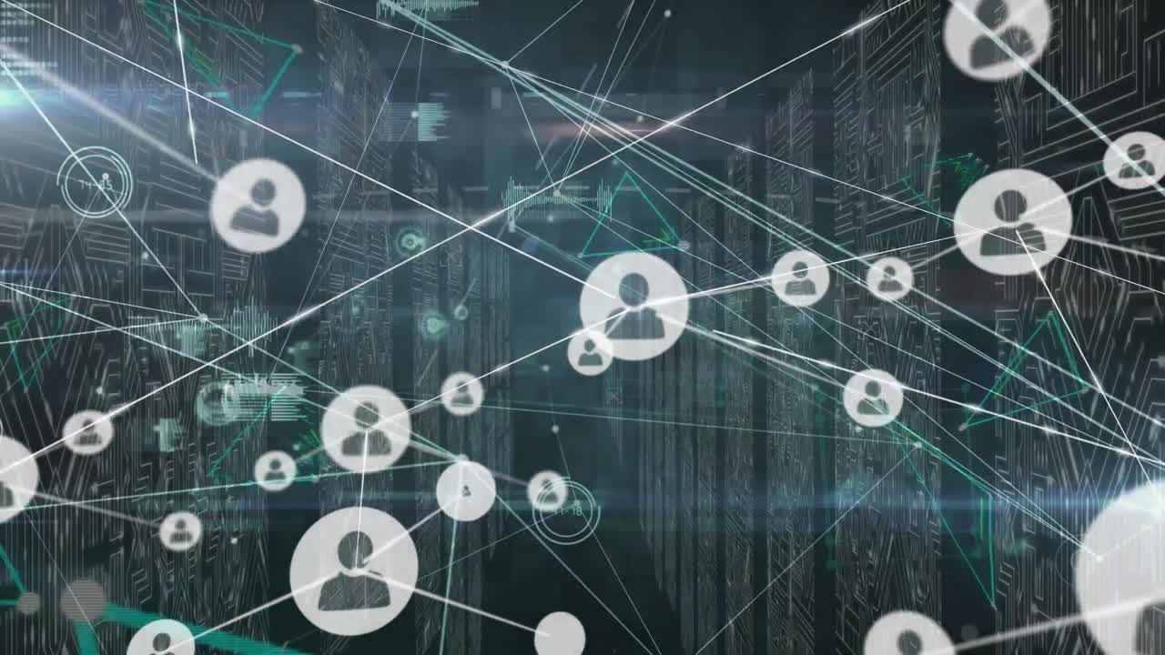 Animation of network of connections with icons and data processing over server room
