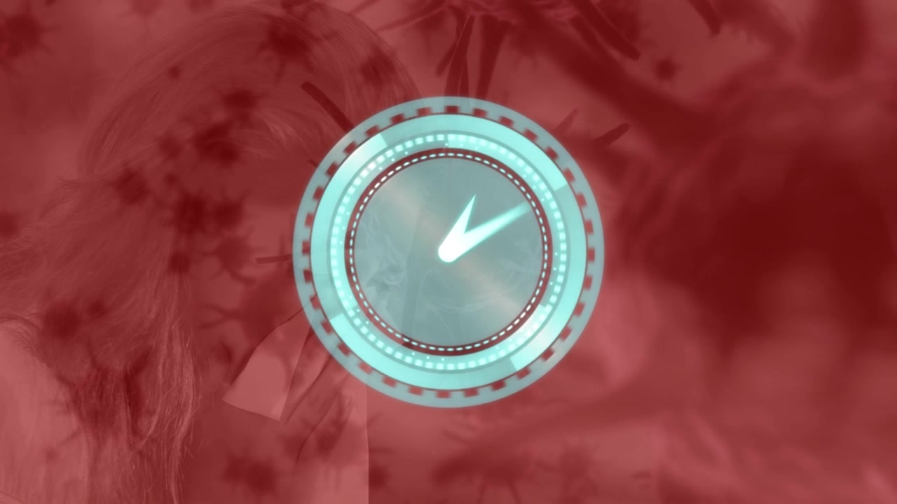 Animation of timer spinning and biological cells floating over woman sneezing with tissue paper