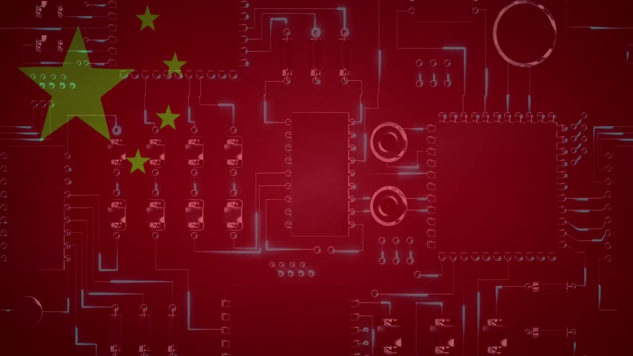 animación de una placa de circuito de computadora con procesamiento de datos y bandera de china