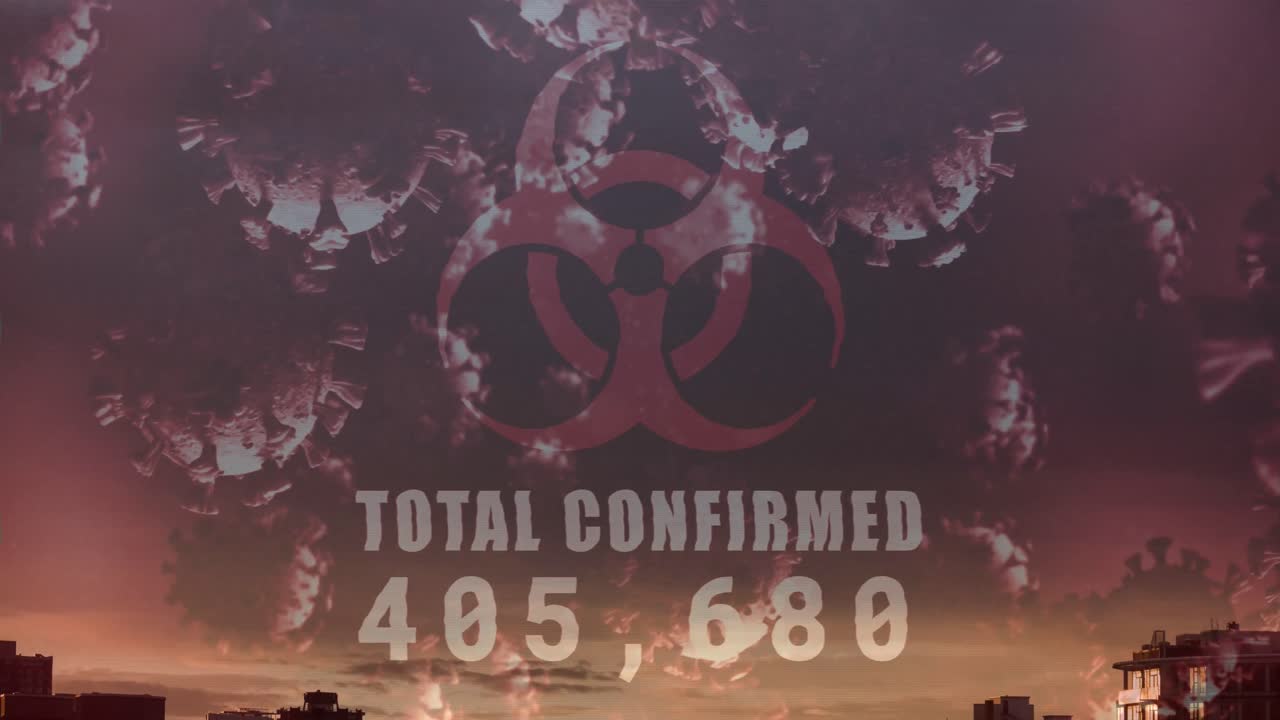 animación del cartel de peligro biológico, el número de casos cambiando y las células de covid-19 flotando sobre el paisaje urbano