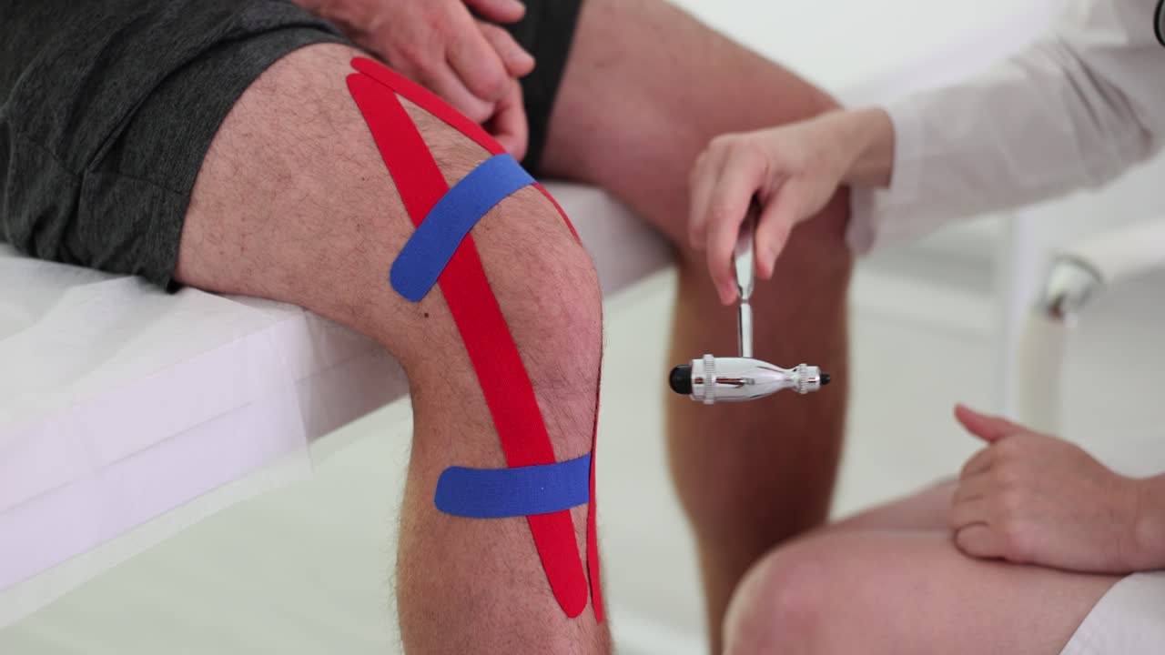 Kinesiology tape on knee for medical examination