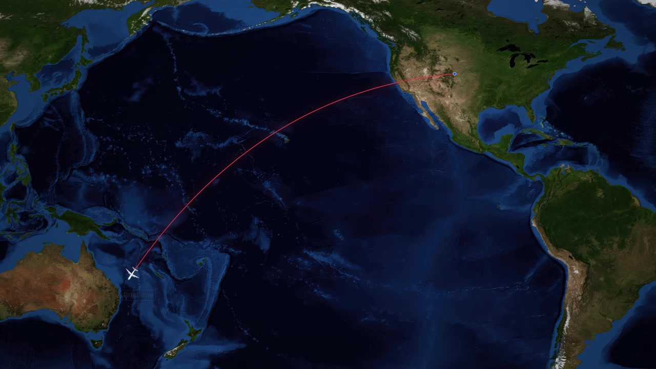 Satellite world map animation tracks a plane flying from Denver to Brisbane, Australia