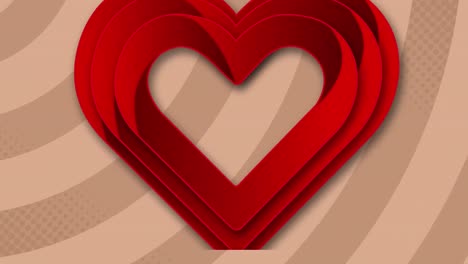 animación de formas de corazón rojo 3d que se agrandan sobre la plantilla de patrón a rayas