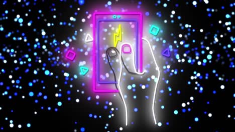 Digitale-Animation-Einer-Neonfarbenen-Hand,-Die-Das-Smartphone-Symbol-Vor-Lichtflecken-Auf-Schwarzem-Hintergrund-Hält