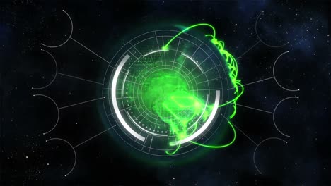 Animation-of-green-glowing-light-trails-over-spinning-globe-against-space