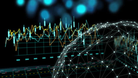 Animation-Der-Finanzdatenverarbeitung-über-Den-Globus-Auf-Schwarzem-Hintergrund