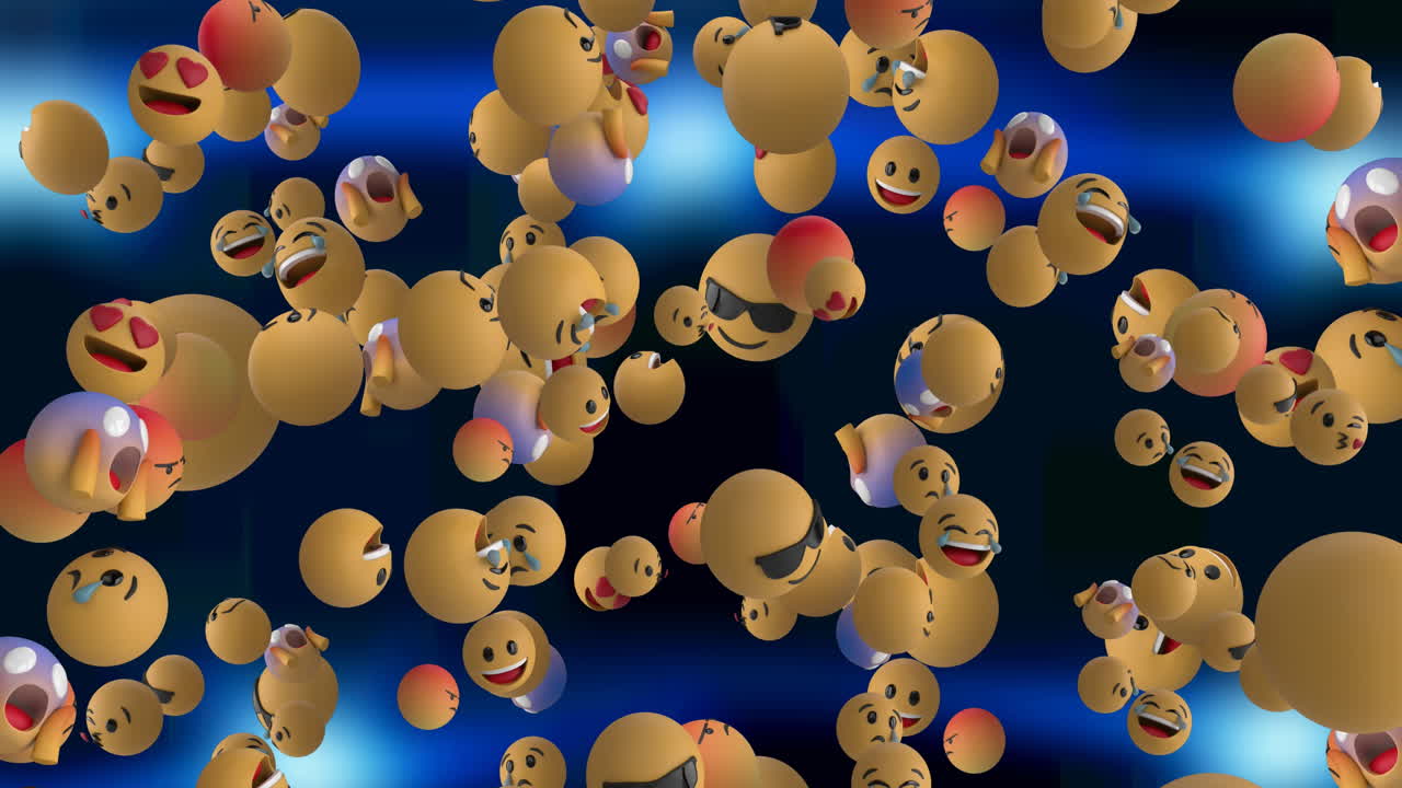 animación de iconos emoji flotando sobre un fondo azul
