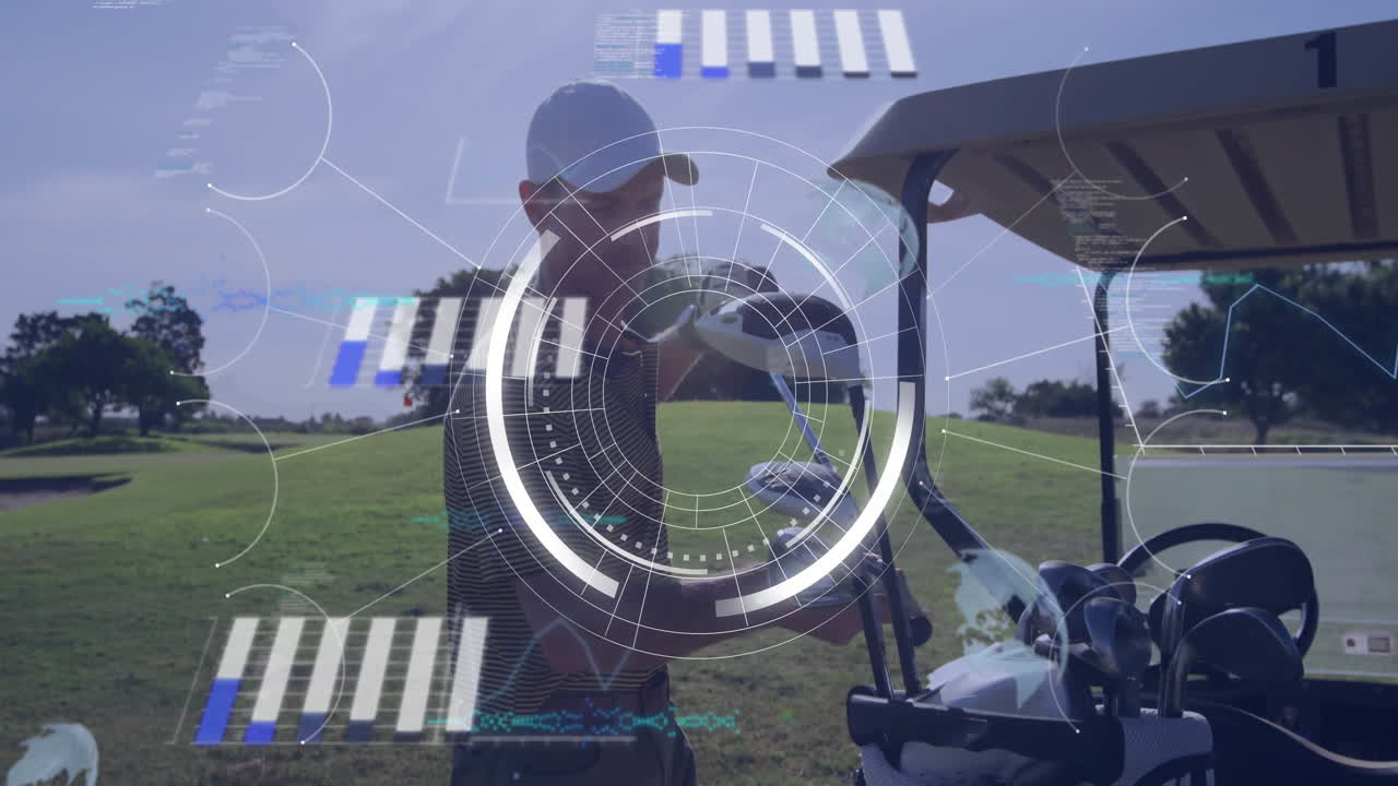 On golf course, golfer preparing clubs with digital animation overlay