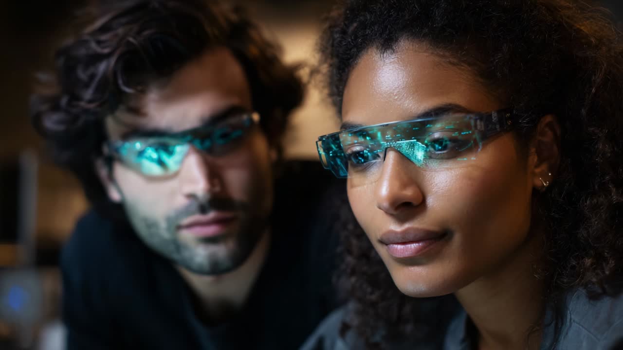 A Moment of Focus: Two Individuals Wearing Advanced Protective Glasses Engage in a Deep Discussion, Showcasing the Importance of Eye Protection and Innovative Technology in Their Environment