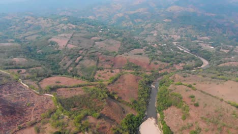 aerial view of a mountainous landscape with river and fields